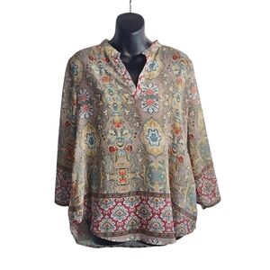 One World Blouse Women's Multicolor Paisley Print V-Neck 3/4 Sleeve Size Large